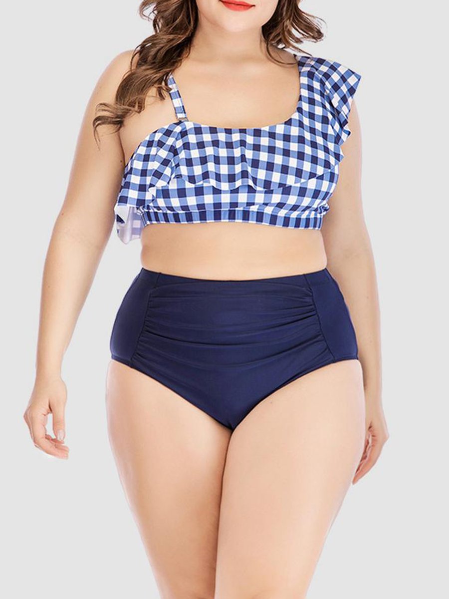 Plaid Print Flap Over Flounce Design BlueTankini