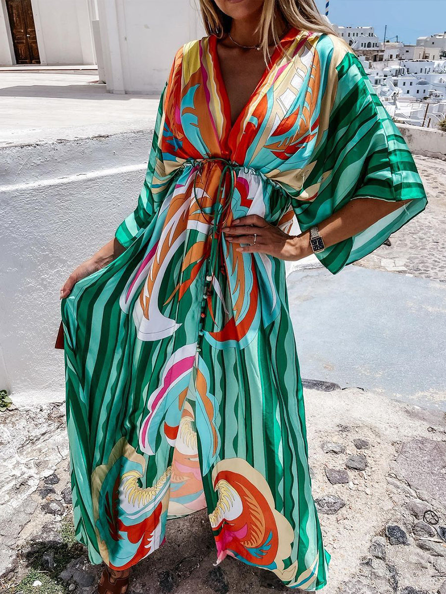 Digital Print V-neck Smocked Split Floor Length Dress