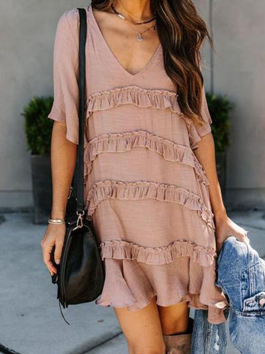 V-neck Half-sleeve Ruffle Mini Dress