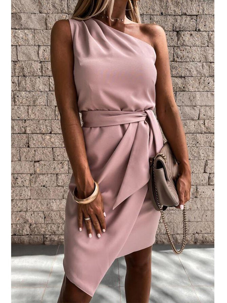 Solid Color One Shoulder Studs Party Dress