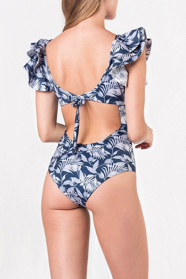 Floral Ruffled Hollow One-piece Swimsuit