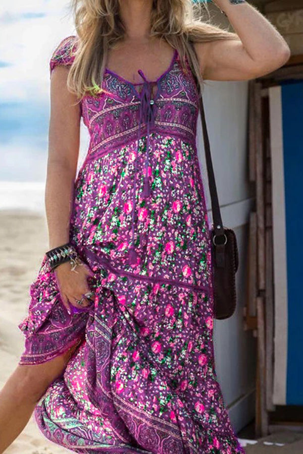 V Neck Boho Floral-Print Dress