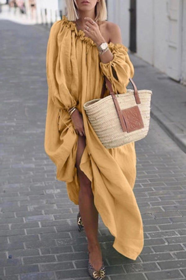 Solid Color Slanted Shoulder Off-the-shoulder Loose Dress