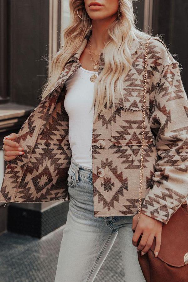 Loose Printed Brown Short Woolen Coat