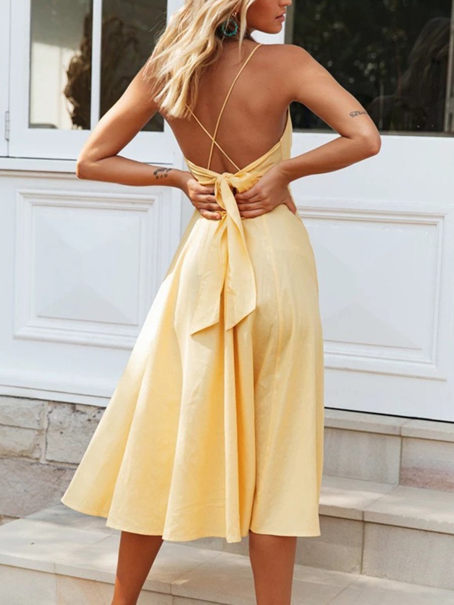 Pure color  Backless  Midi Dress