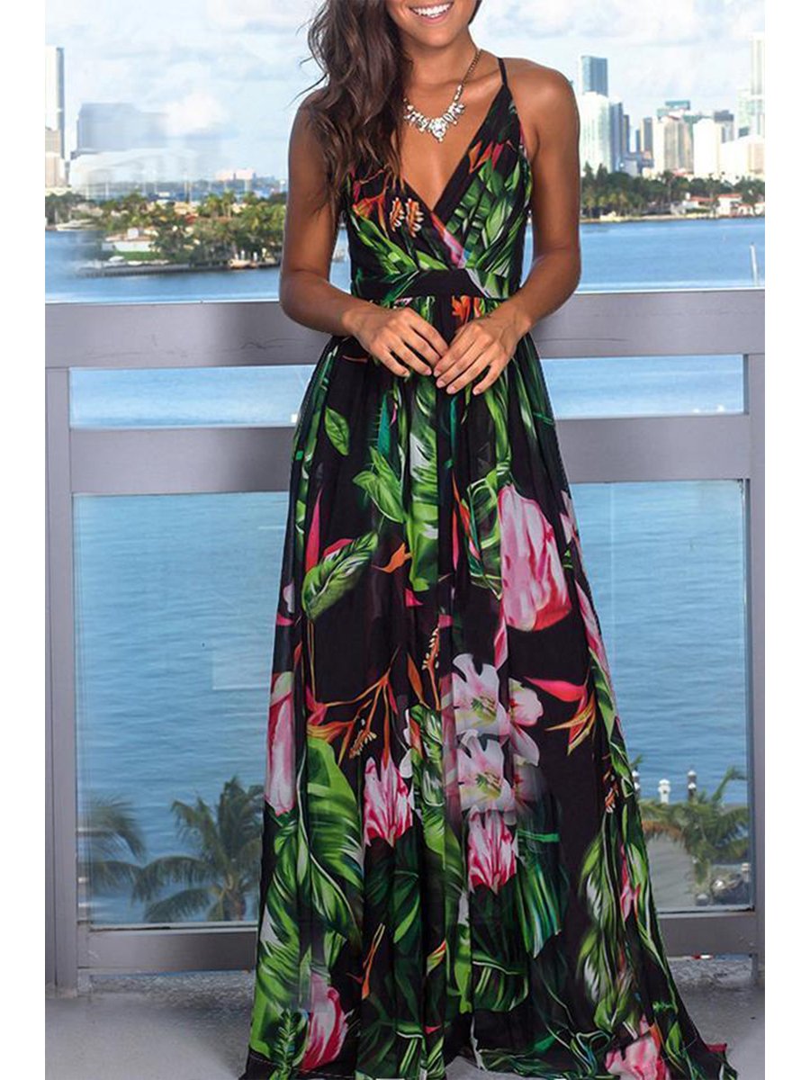 Beach Sling Leak Back Flower Print Maxi Dress