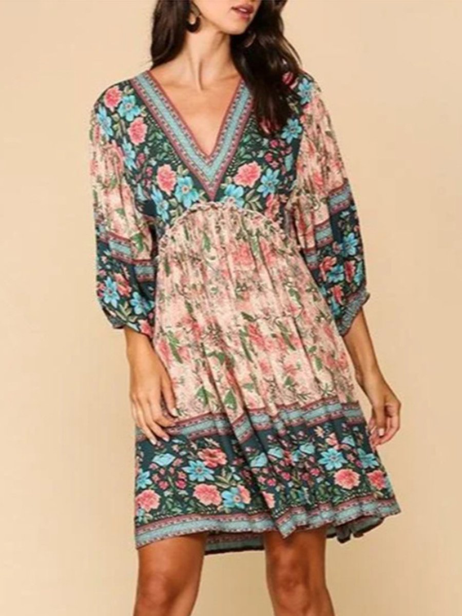 V-neck 3/4 Sleeve Boho Print Loose Mini Dress