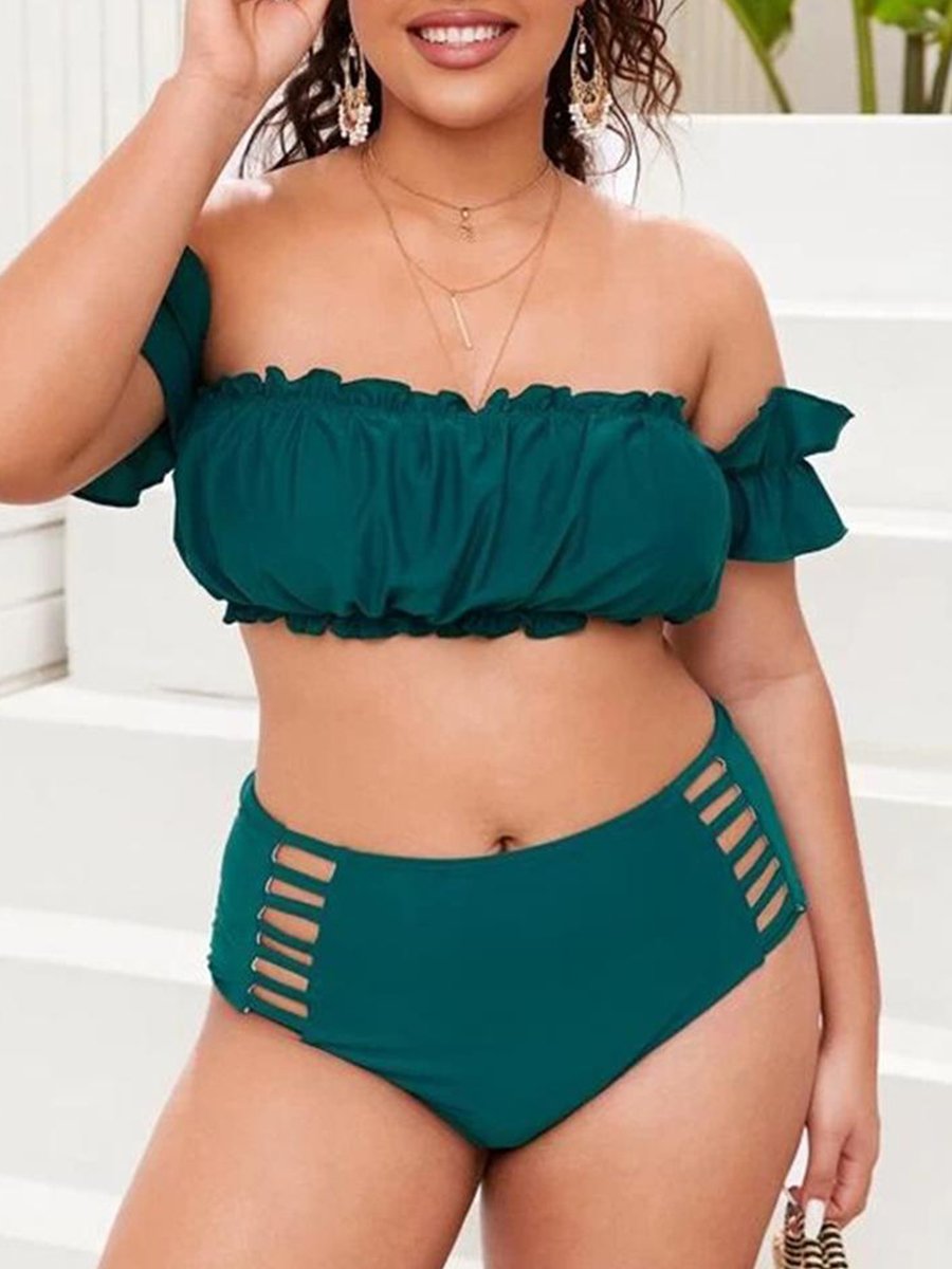Sweet Off The Shoulder Leopard Print Ruffle Design Hollow-out Tankini