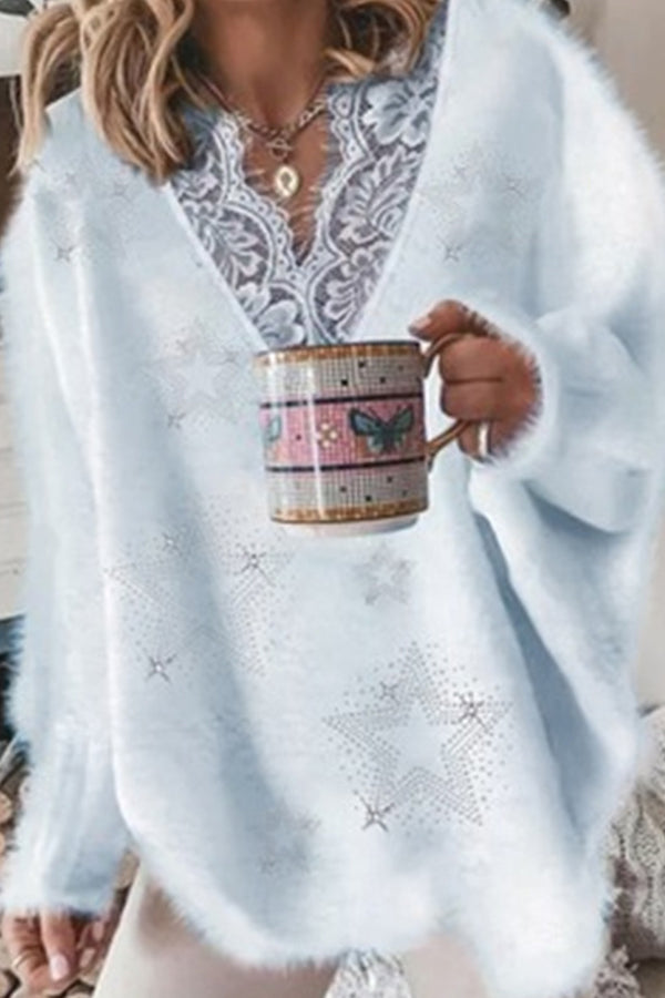 V-Neckline Geometric Sweater Lace Shift Sweaters