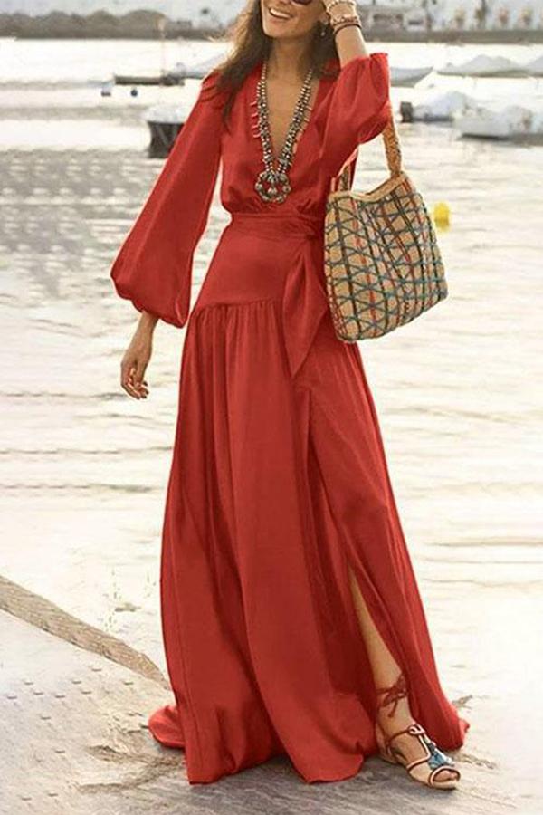 Deep V Neck Lantern Sleeve High Split Maxi Swing Dress