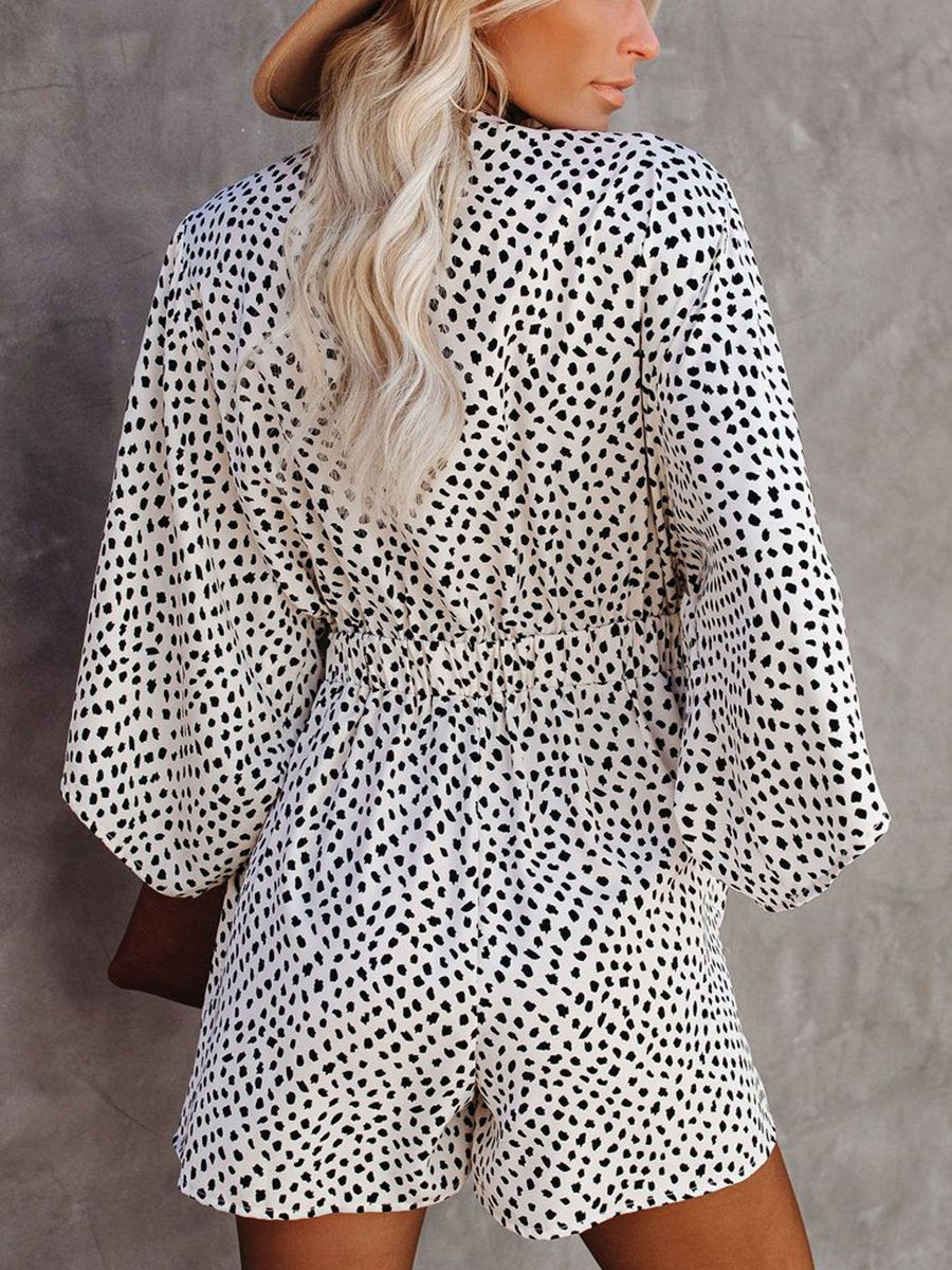 V-neck Leopard Print Batwing Sleeve Knotted Romper