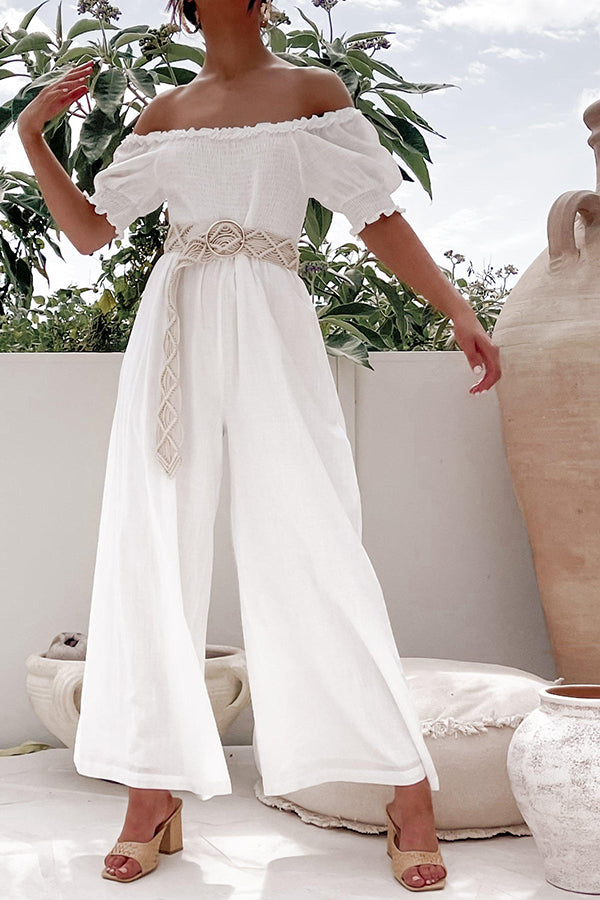 White One-piece with A One-line Collar and Bubble Sleeves