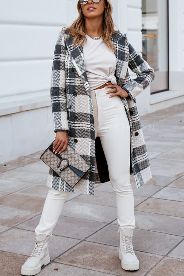 Plaid Print Long Sleeve Buttoned Pea Coat