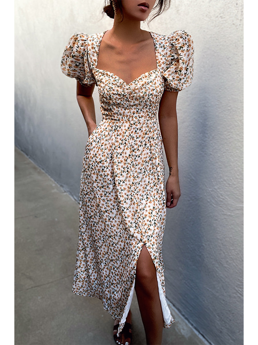 Floral Print Bubble Sleeve Dress