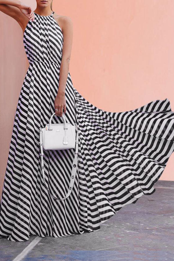 Sexy Sling Striped Print Maxi Dress