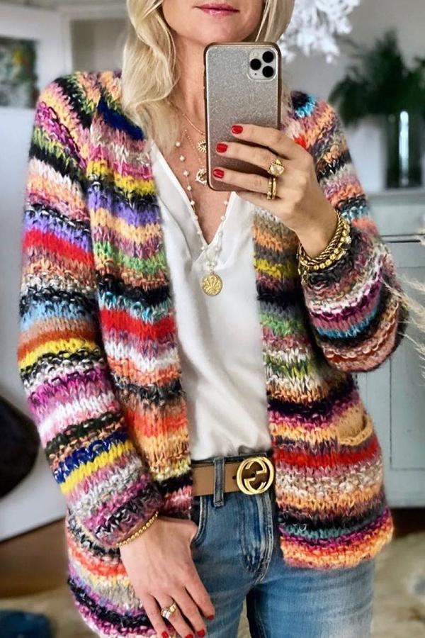 Casual Colorblock Striped Pockets Cardigan