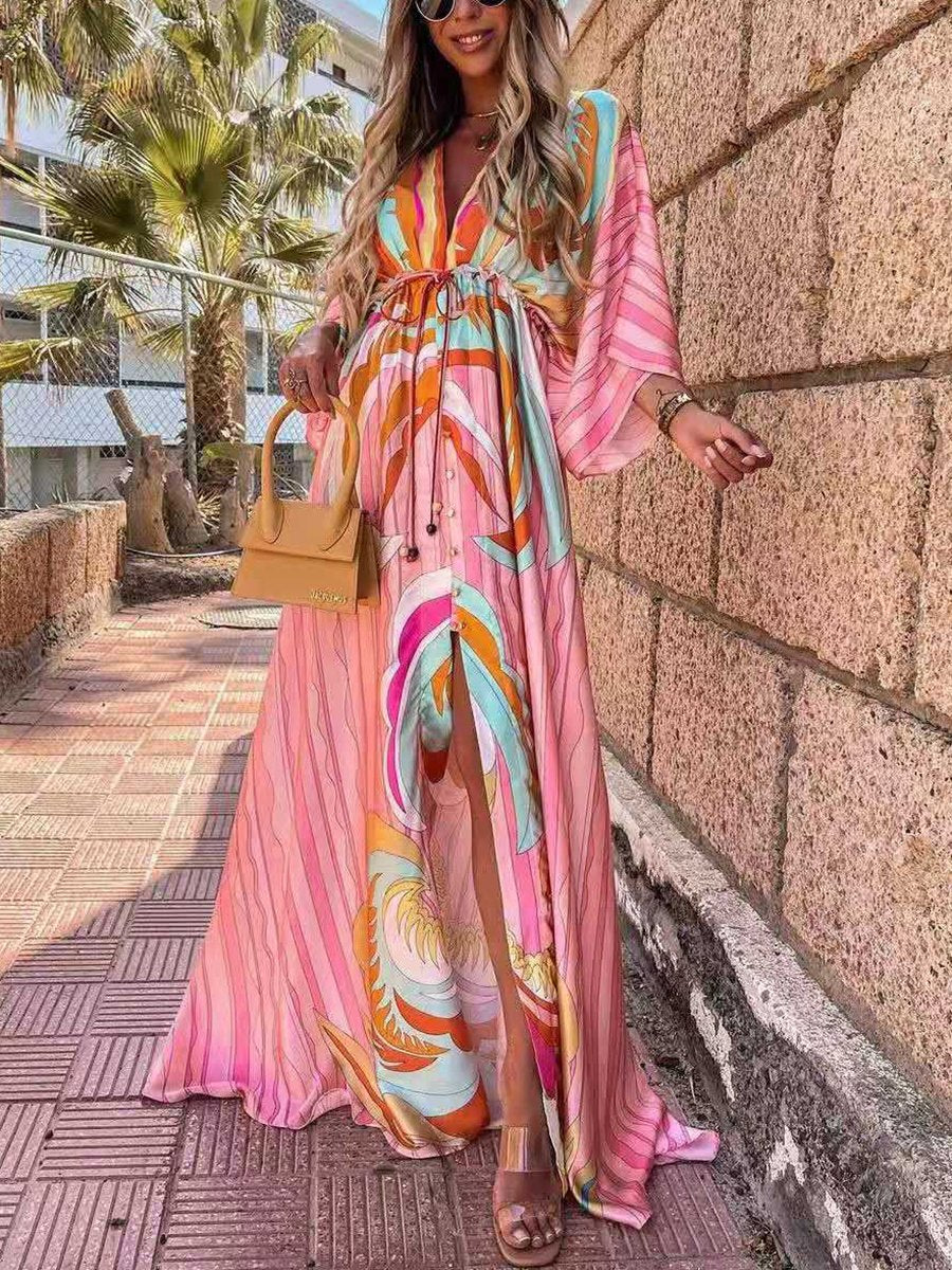Digital Print V-neck Smocked Split Floor Length Dress