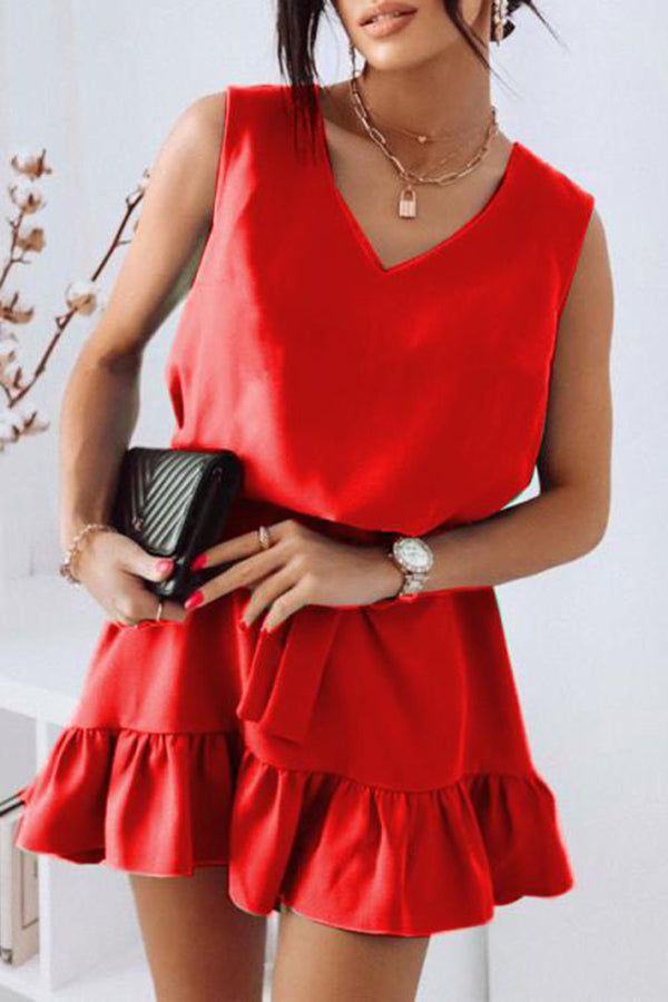V-Neck Sleeveless Gathered Waist Mini Dress