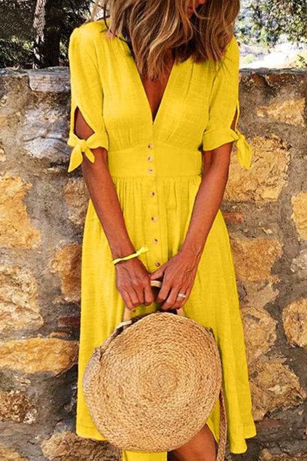 Casual V-Neck Half-Sleeve Solid Color Mini Dress