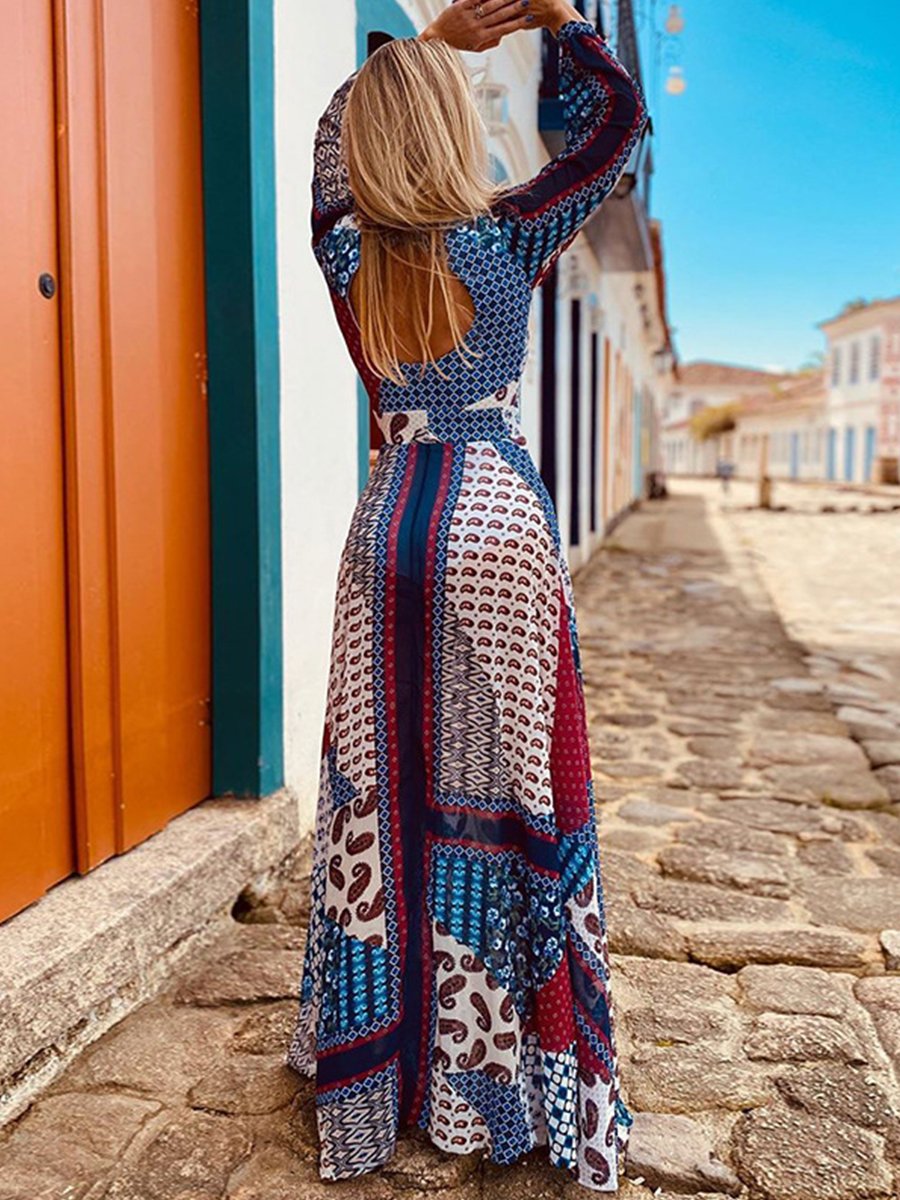 Medium Sleeve Dress With Back Print Bohemia Maxi Dress