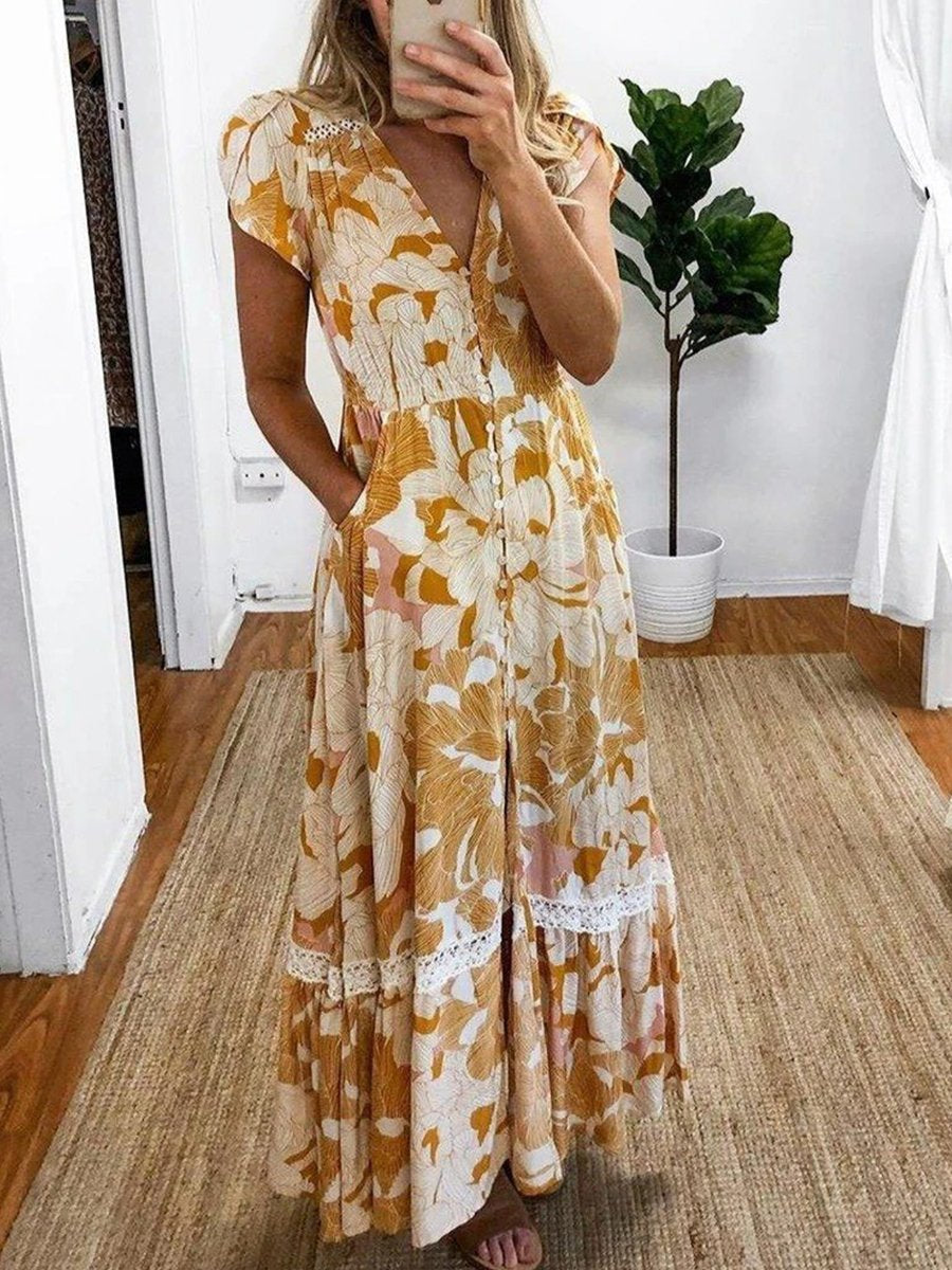 V-neck Button Front Pockets Maxi Dress