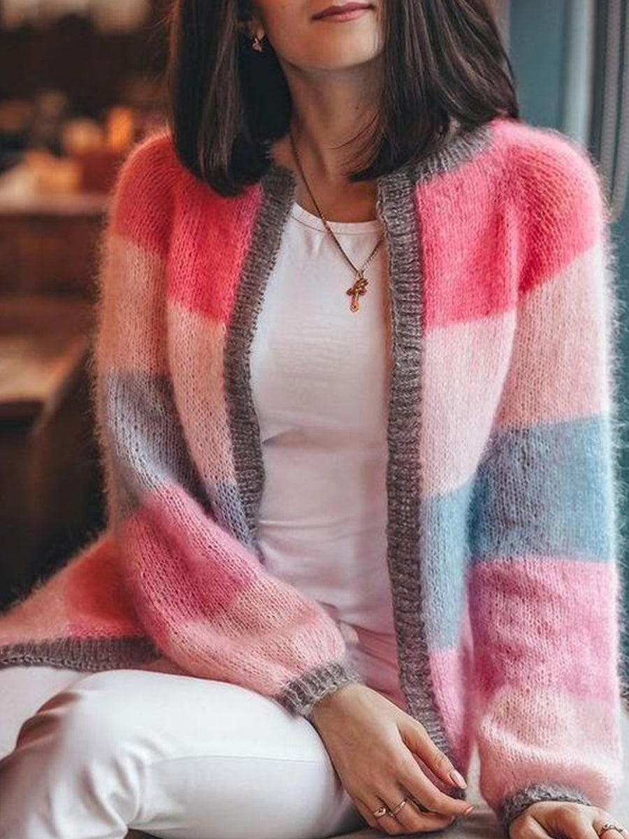 Sweet Color Block Open Front Cardigan