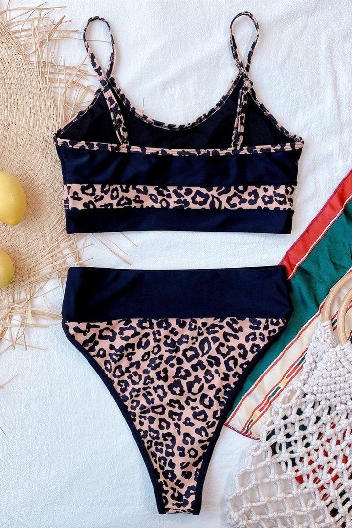 Bandeau Leopard Printed Patchwork Bikini Set