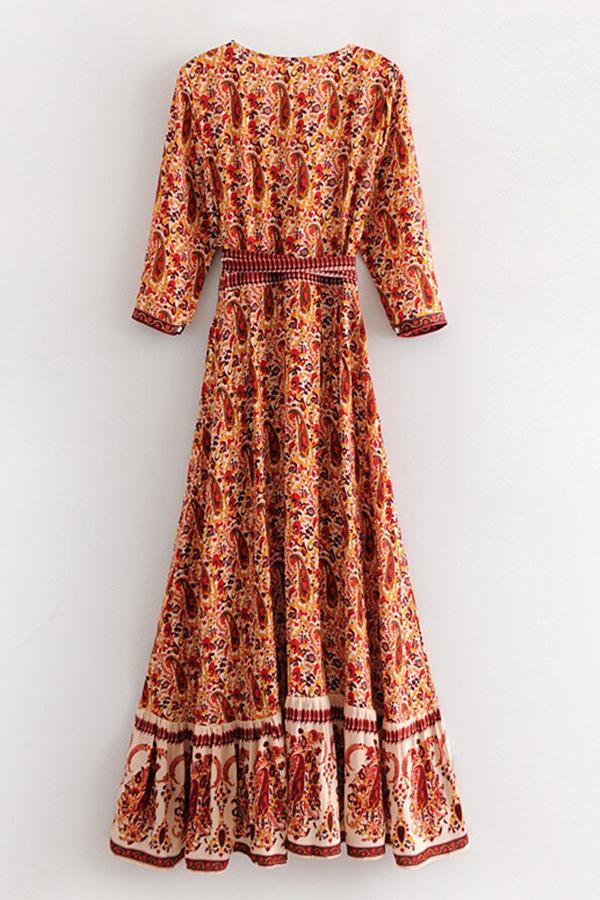Red Floral Cut Out Sashes Ruffle V-neck National Maxi Dress