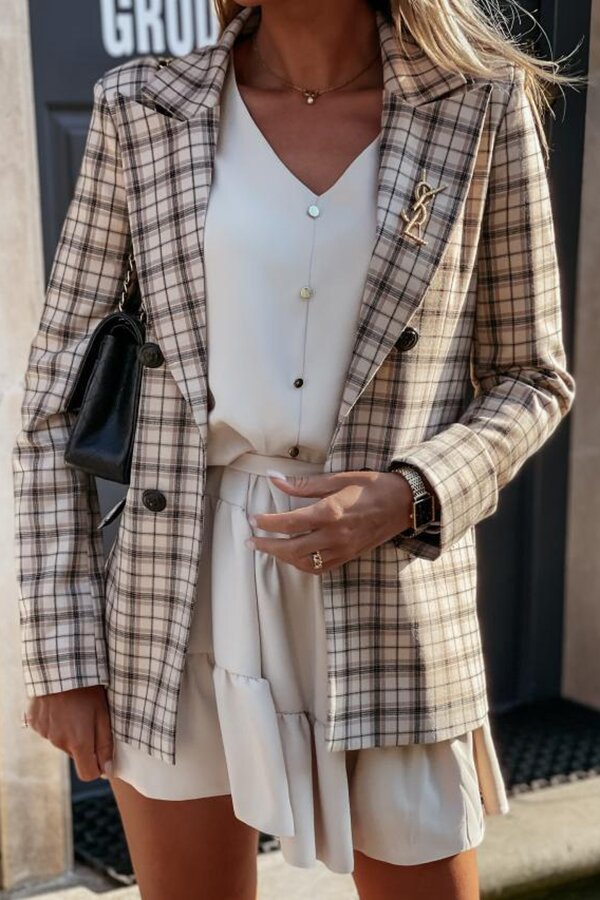 Casual Plaid Wide Collar Button Blazer