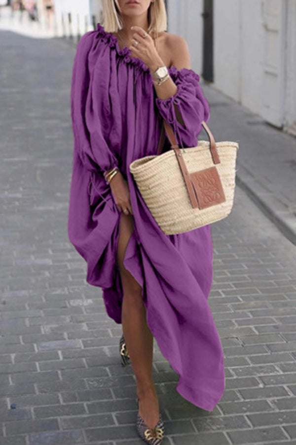 Solid Color Slanted Shoulder Off-the-shoulder Loose Dress