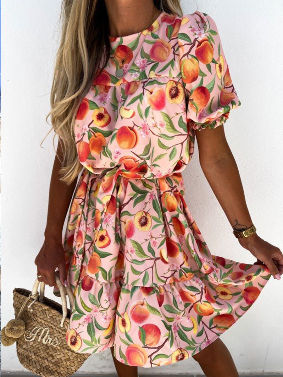 Round Neck Fruits Print Smocked Mini Dress