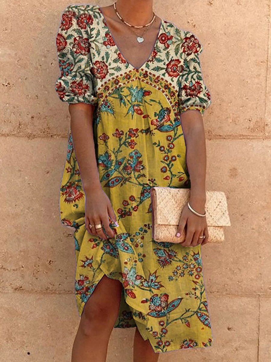 V-neck Flower Print High-waist Loose Midi Dress