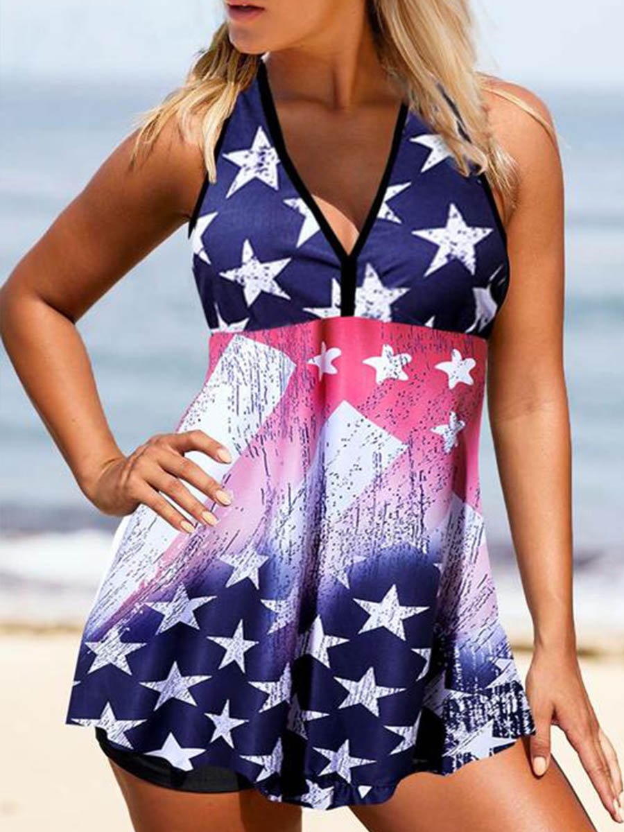 Color Block Flag Sleeveless Adjustable Spaghetti Padded Vacation Tankini