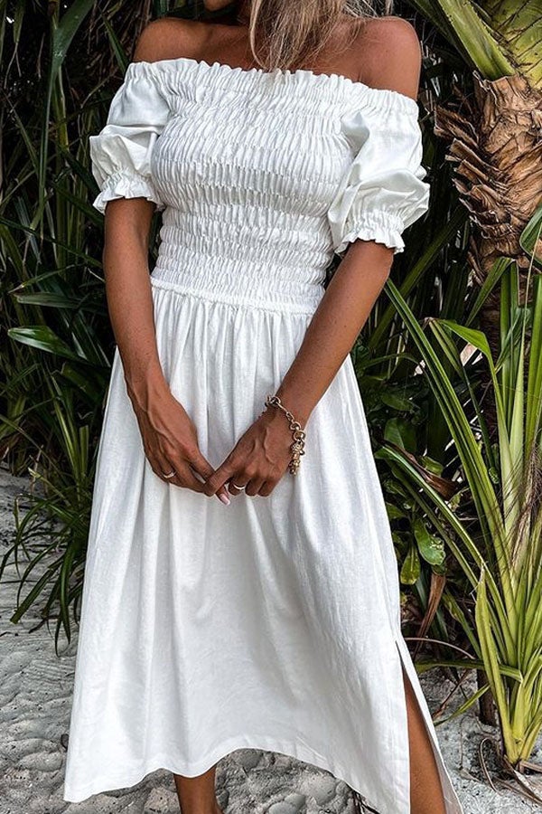 Forever After All Smocked Off Shoulder Slit Dress