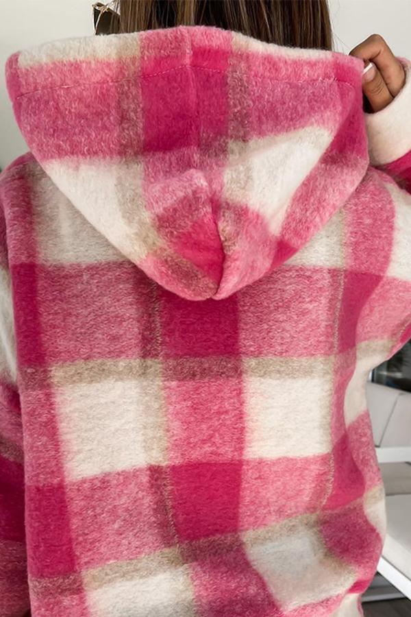 Plaid Hooded Long Sleeve Zipper Pocket Jacket