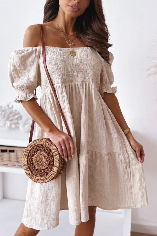 Solid Off-Shoulder Pleated Mini Dress