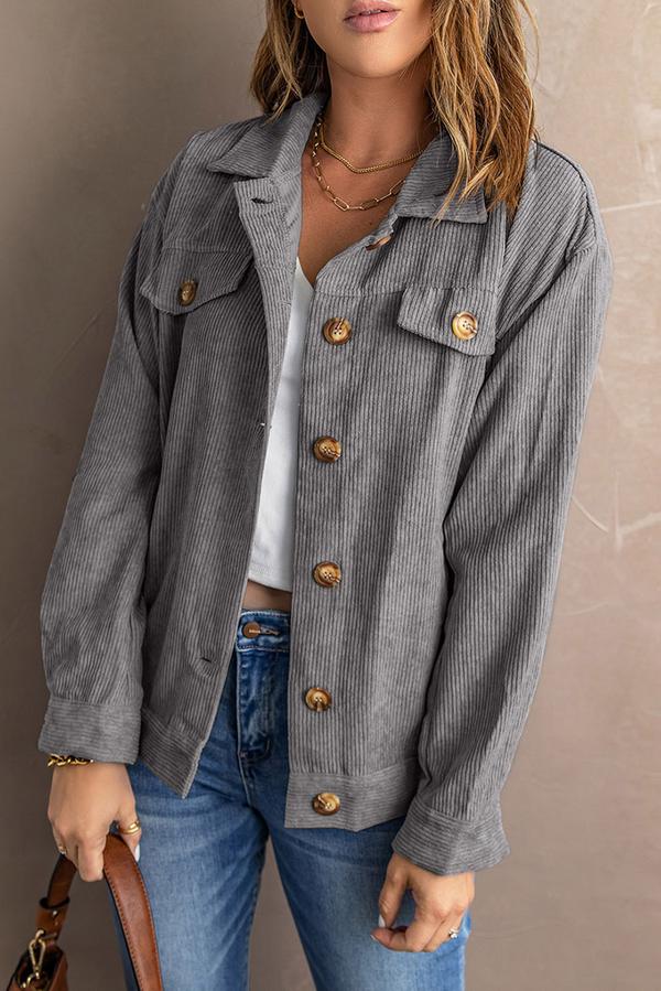 Ribbed Corduroy Long Sleeve Jacket with Pocket