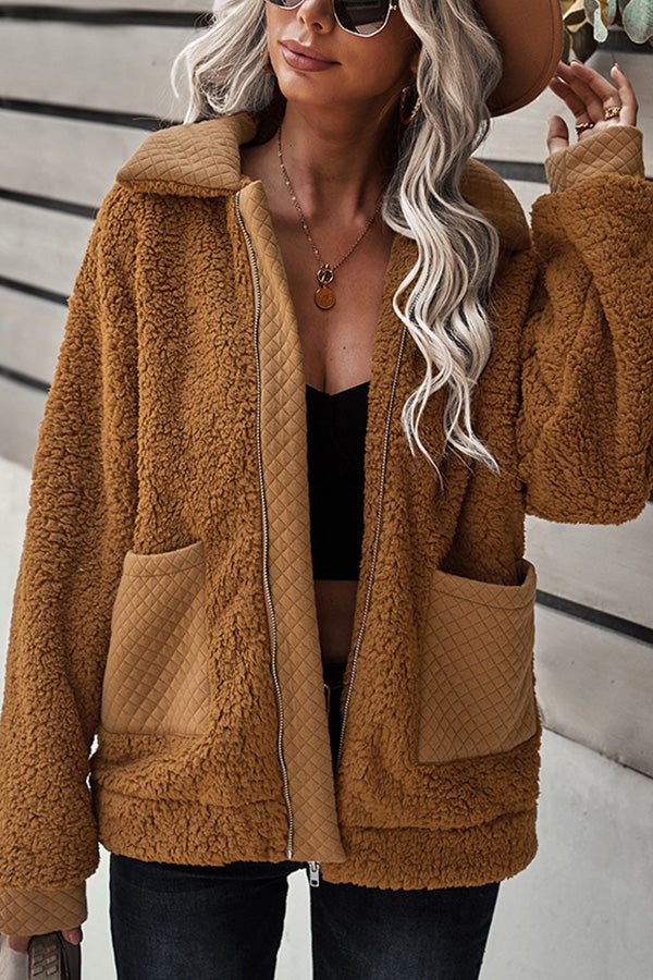 Long Sleeve Pocket Detail Zip Up Teddy Coat