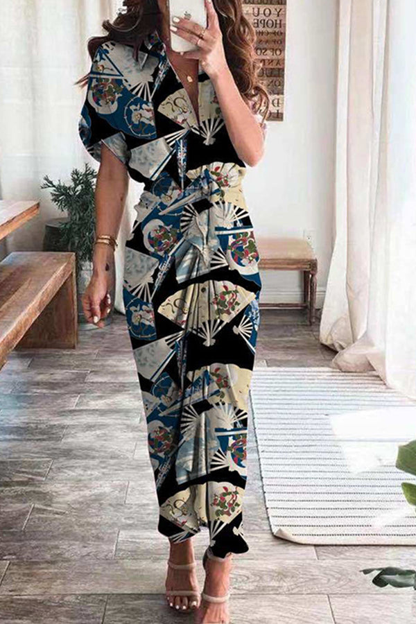 Short Sleeve Elegant Commuter High Waist Printed Long Dress