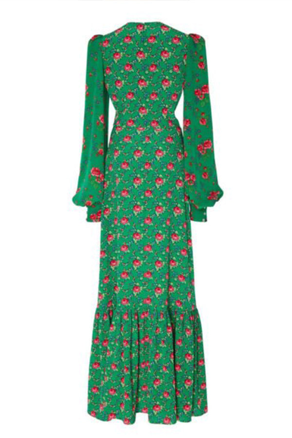 Floral Print Lantern Sleeve Green Maxi Dress
