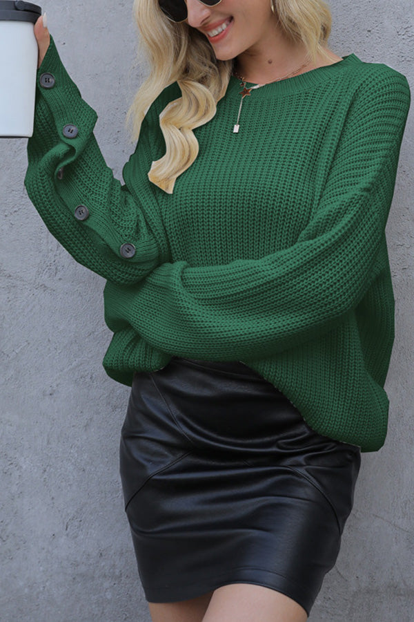 Sloping shoulder collar sexy plain button-sleeved sweater