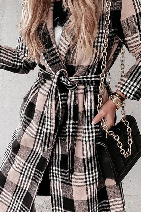 Temperament Lapel Plaid Belt Woolen Coat