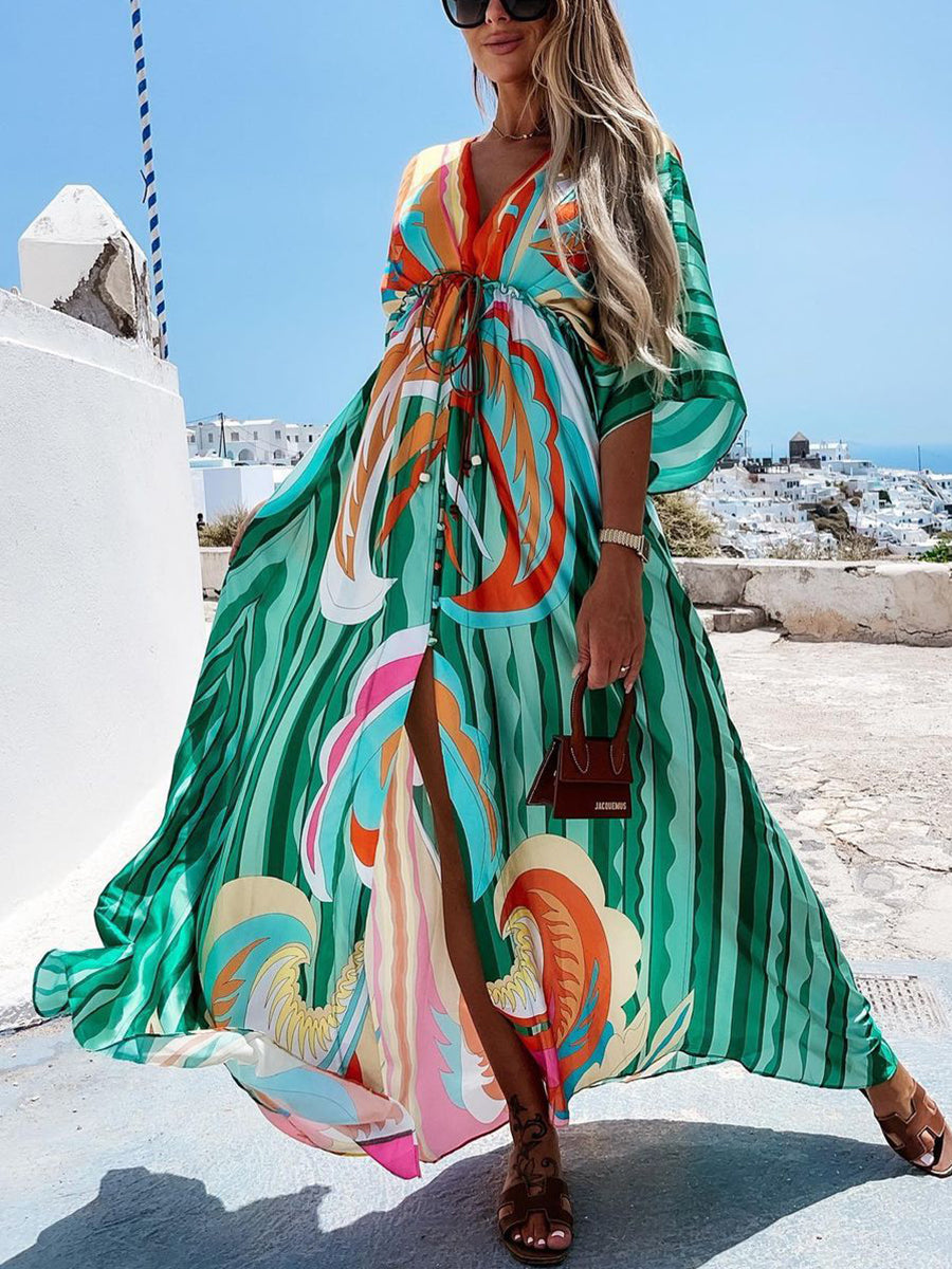 Digital Print V-neck Smocked Split Floor Length Dress