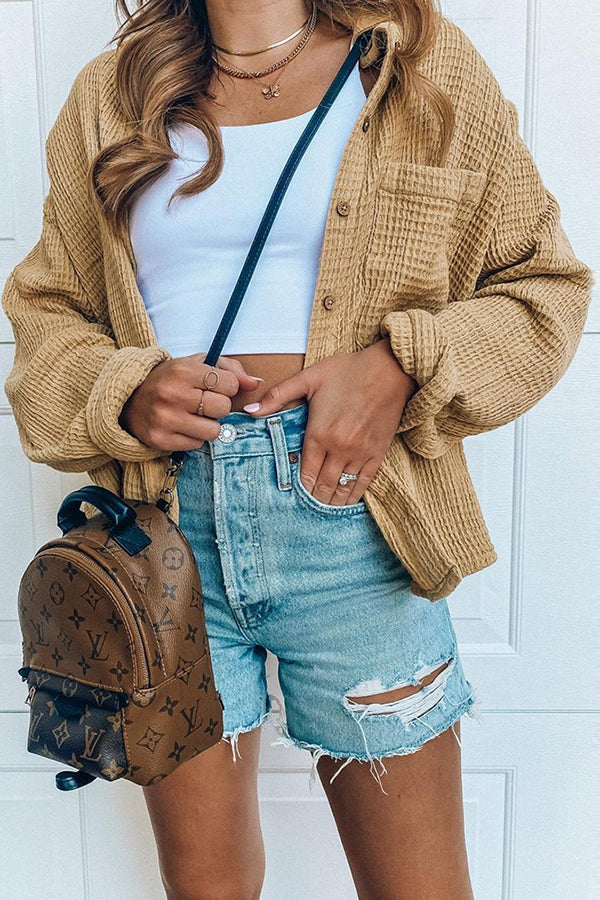 Solid Button Pocket Casual Shirt Waffle Jacket