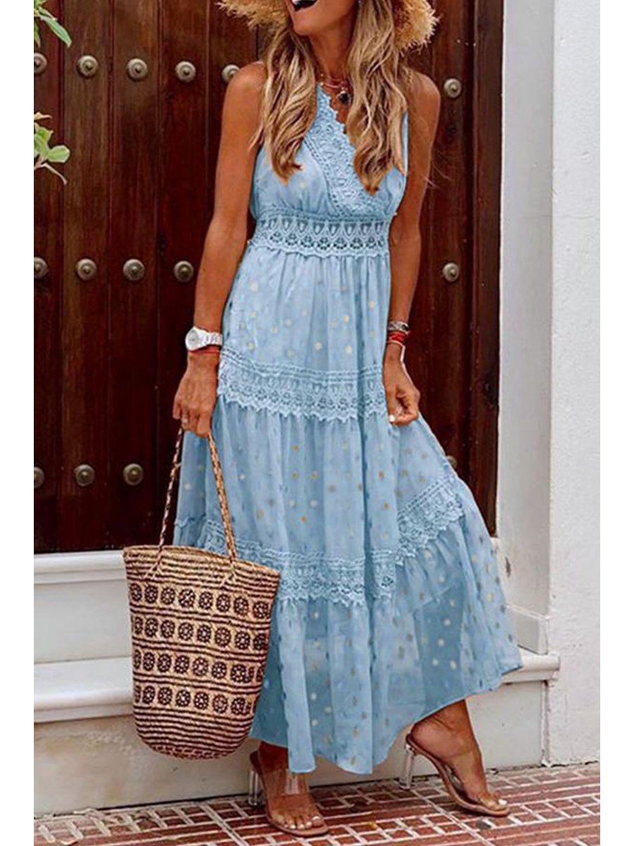 Stylish PolkaDots Print Lace V-Neck Maxi Dress