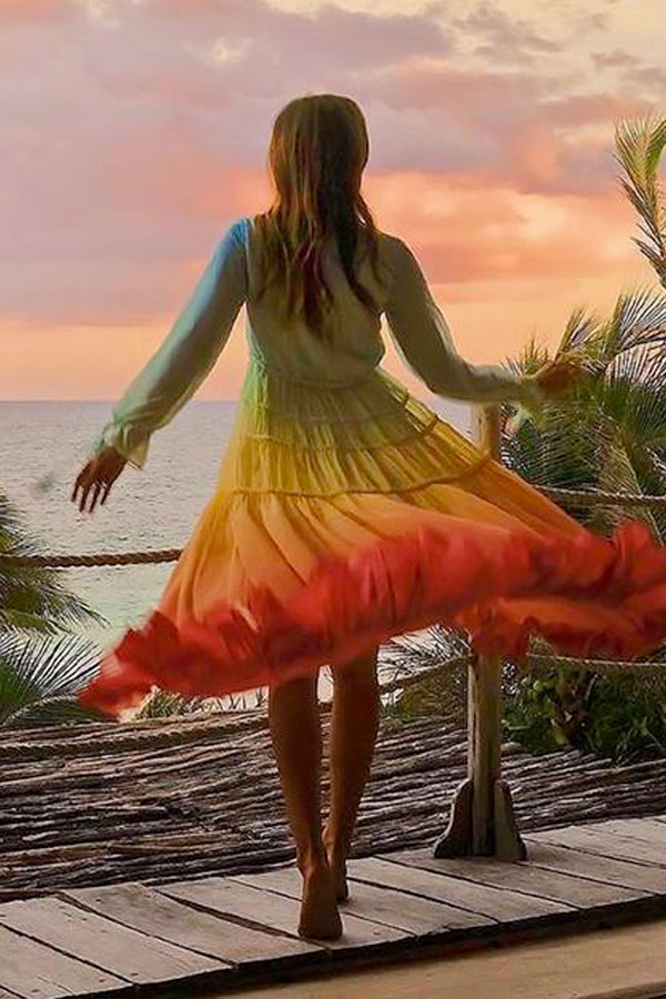Tie-Dye Ruffle Hem Asymmetrical Maxi Dress
