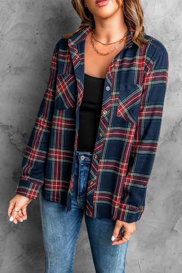 Plaid Button Pocket Long Sleeve Asymmetric Shirt
