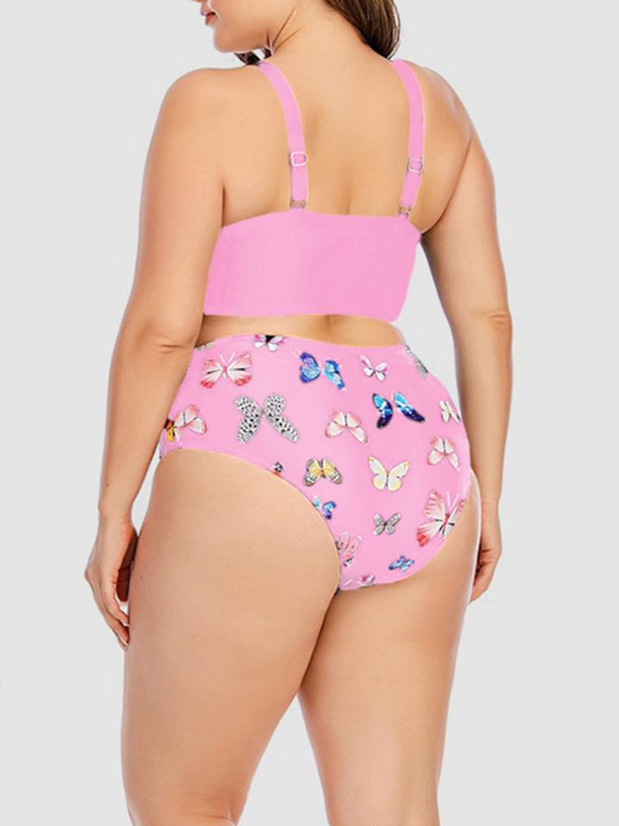 Butterfly Print Ruched Knot Design Black Two-piece Swimsuit