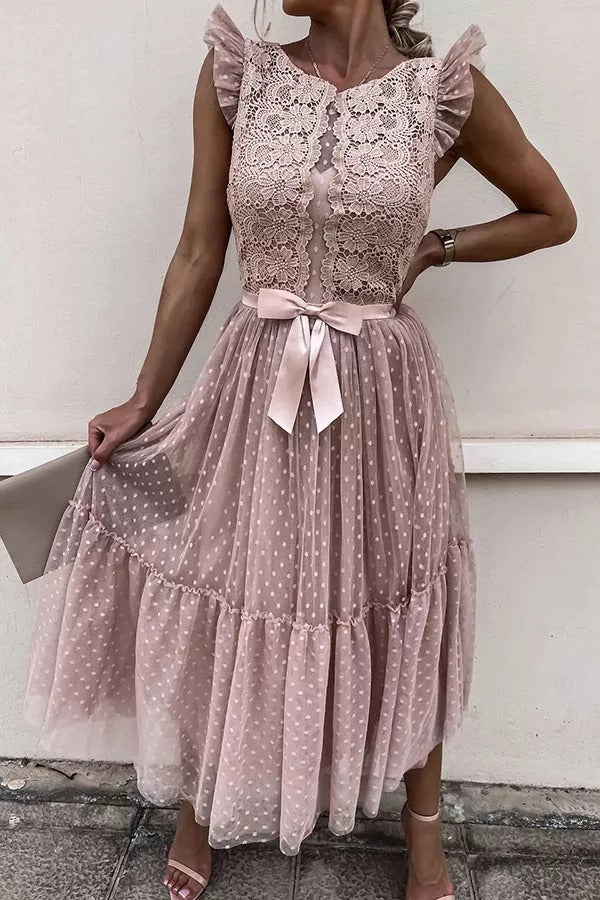 All The Romance Bow Tie Lace Midi Dress