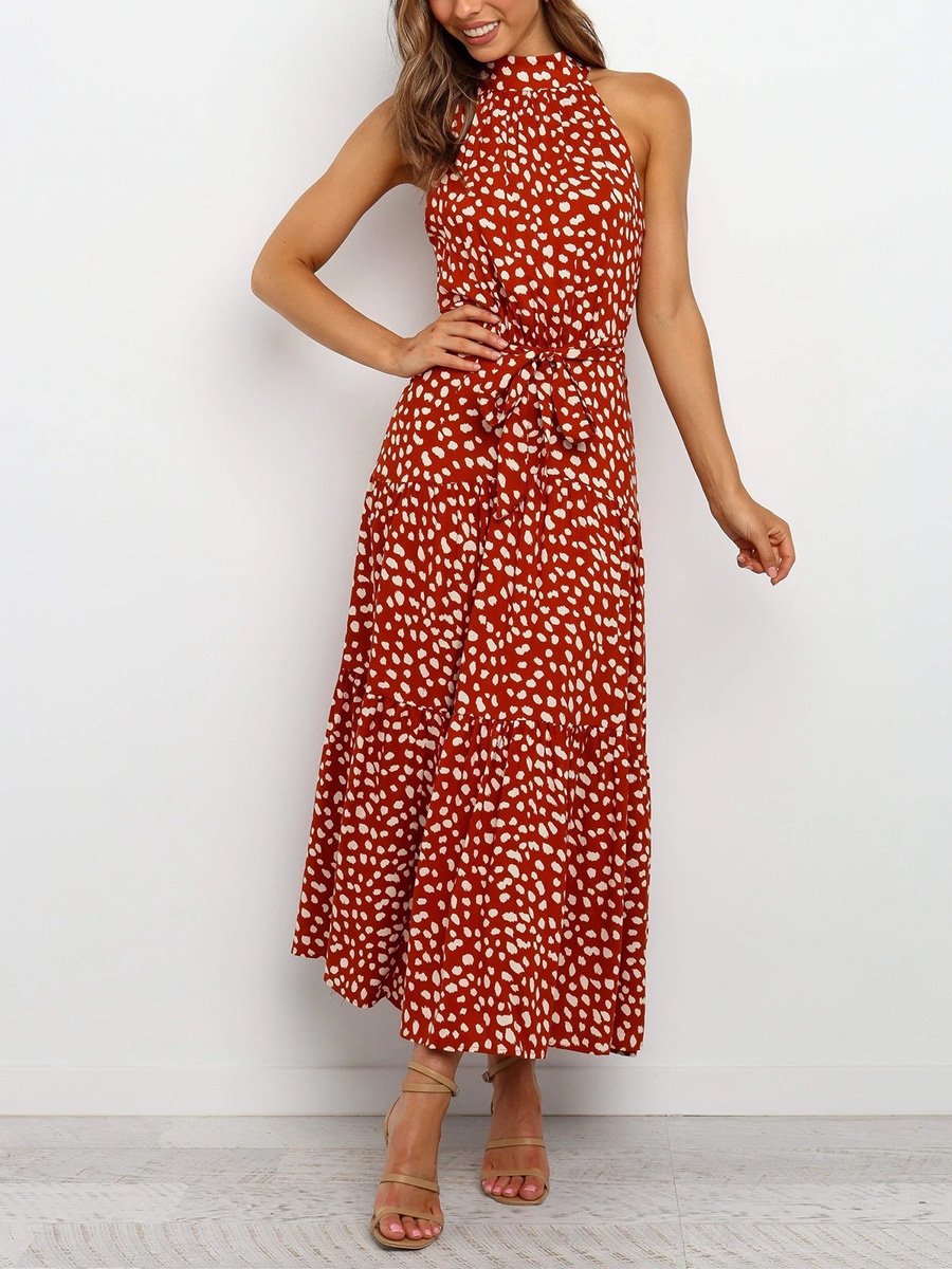 Temperament-half - collared sleeveless tank top with flapped floral print maxi dress
